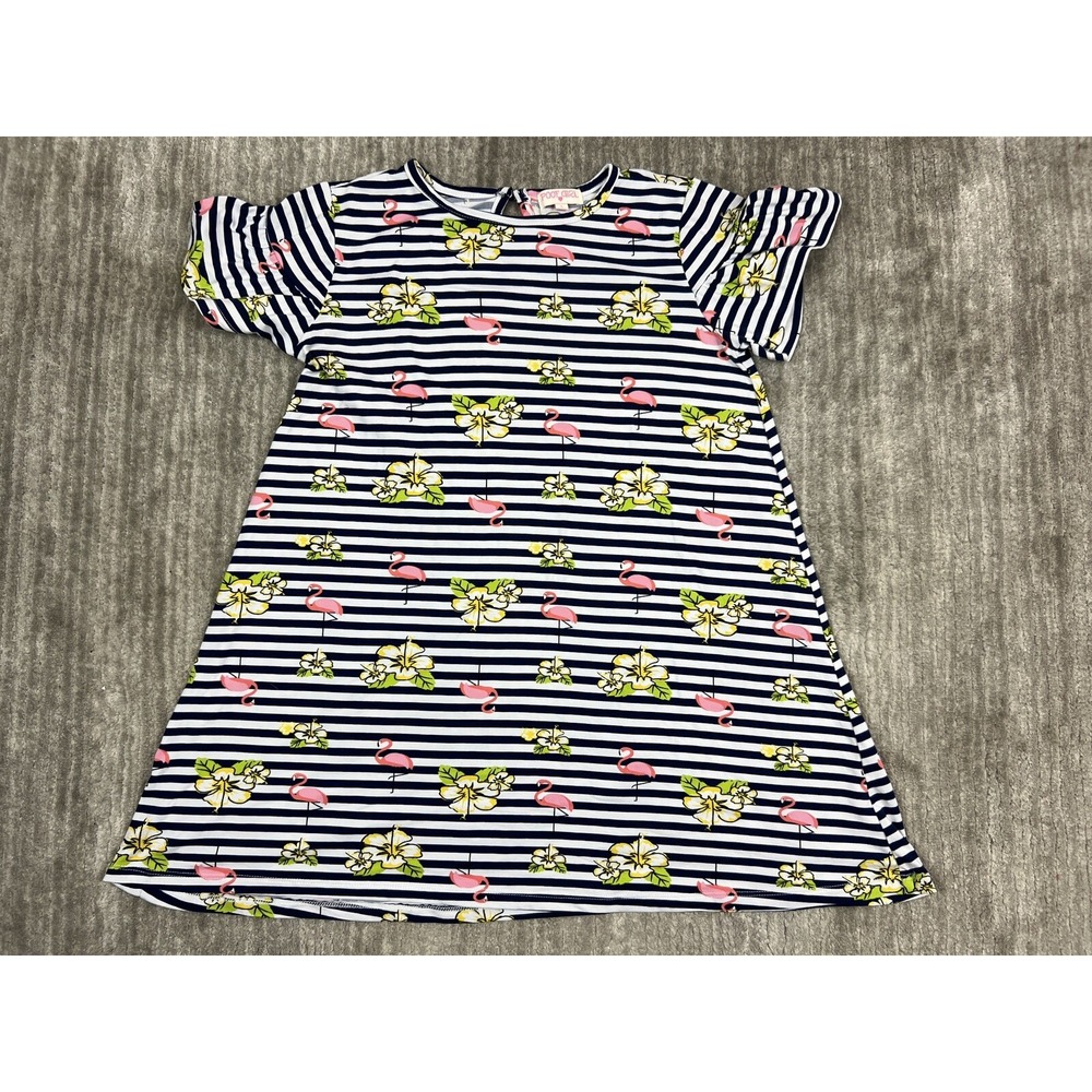 Poof Girl Dress Girls‎ Large Blue Flamingo Striped Floral Flutter Sleeve 992076K
